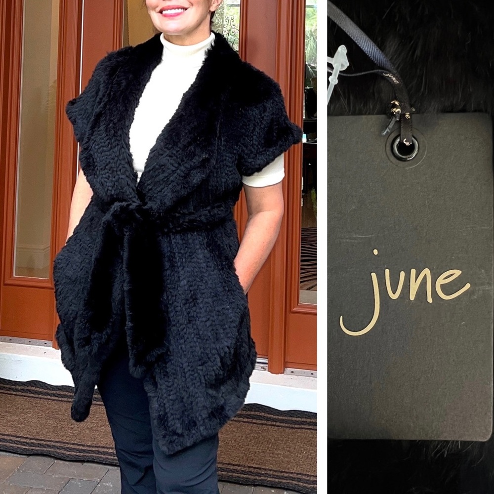 JUNE Genuine Rabbit fur belted KNIT Long vest